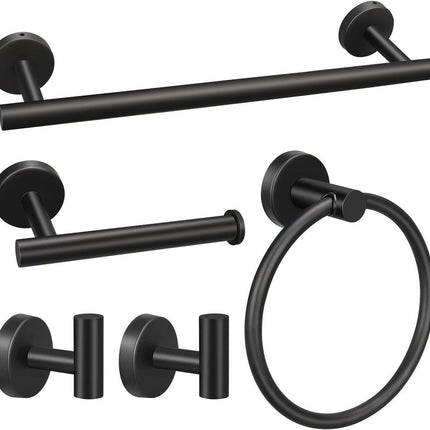 5pcs Bathroom Hardware Set, Matte Black Bathroom Hardware Set, Including 16" Hand Towel Bars, Toilet Paper Holders, Towel Rings, Robe Towel Hooks.