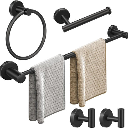 5pcs Matte Black Bathroom Hardware Set, Including 1pcs 24in Retractable Hand Single Towel Bar with 1pcs Toilet Paper Holders, 1pcs Towel Rings 2pcs Multifunctional Robe Hooks.
