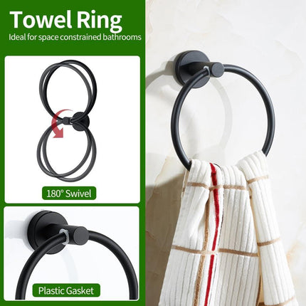5pcs Matte Black Bathroom Hardware Set, Including 1pcs 24in Retractable Hand Single Towel Bar with 1pcs Toilet Paper Holders, 1pcs Towel Rings 2pcs Multifunctional Robe Hooks.
