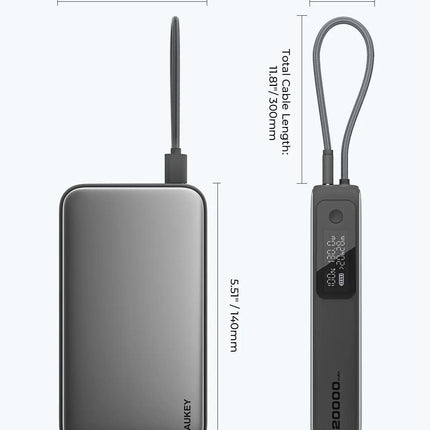 Aukey Spark Sling 20000 Compact Fast Charging Power Bank with Built-in USB-C Cable (PB-Y48).