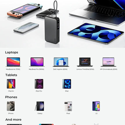 Aukey Spark Sling 20000 Compact Fast Charging Power Bank with Built-in USB-C Cable (PB-Y48).