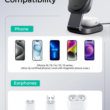 Aukey MagFusion L Qi2 Foldable 2 In 1 Magnetic Wireless Charger (LC-MC211).