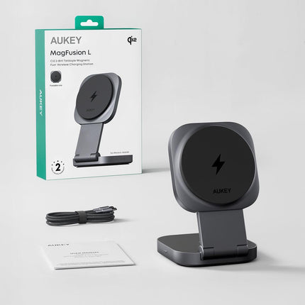 Aukey MagFusion L Qi2 Foldable 2 In 1 Magnetic Wireless Charger (LC-MC211).
