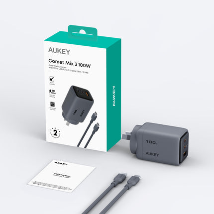 Aukey Comet 100W PD Fast Wall Charger GaN USB-C with 100W 1.8m USB-C to C Cable (PA-C5).