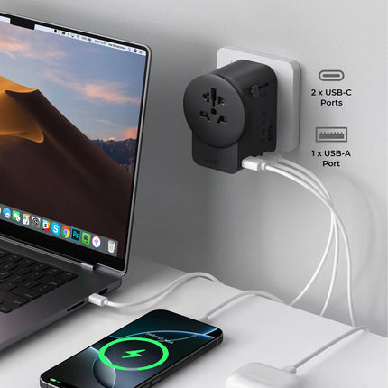 AUKEY GlobeMate 65W GaN Universal Travel Adapter with 2 USB-C + USB-A for 200+ Countries – PA-TA11A