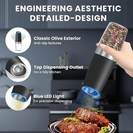 Gravity Electric Salt and Pepper Grinder Set, Battery Powered LED Light One Hand Automatic Operation, Adjustable Coarseness Mill Grinders Shakers Black, Kitchen Gadgets Gift Ideas.