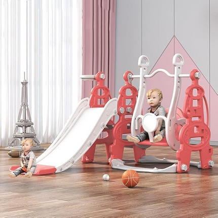 Kids Slide Swing Set Outdoor Toys Playground Activity Basketball Hoop-Pink.