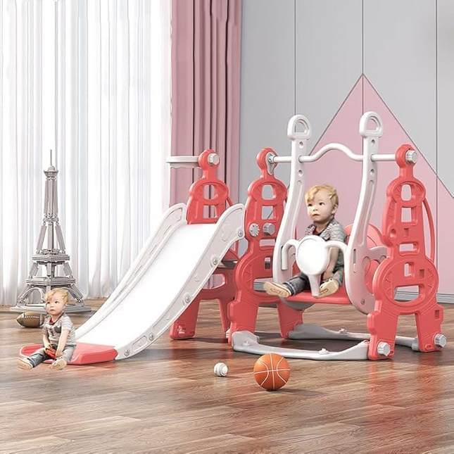 Kids Slide Swing Set Outdoor Toys Playground Activity Basketball Hoop-Pink.