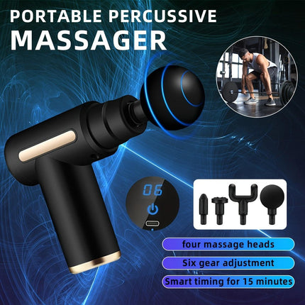 Black**Portable Deep Tissue Massager | 6-Speed & 4 Heads & 15-Min Timer｜Professional Muscle Recovery, Anytime Anywhere**.