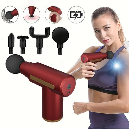 Red Portable Deep Tissue Massager | 6-Speed & 4 Heads & 15-Min Timer｜Professional Muscle Recovery, Anytime Anywhere.