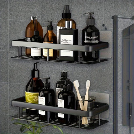 Black Wall-Mounted Storage Shelf - Heavy-Duty Plastic, No-Drill Adhesive Installation, Space-Saving Bathroom and Kitchen Organizer.