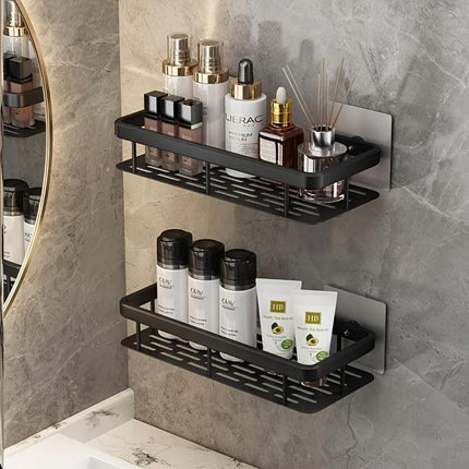 Black Wall-Mounted Storage Shelf - Heavy-Duty Plastic, No-Drill Adhesive Installation, Space-Saving Bathroom and Kitchen Organizer.
