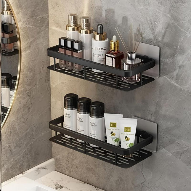 Black Wall-Mounted Storage Shelf - Heavy-Duty Plastic, No-Drill Adhesive Installation, Space-Saving Bathroom and Kitchen Organizer.