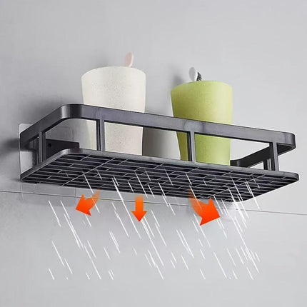 Black Wall-Mounted Storage Shelf - Heavy-Duty Plastic, No-Drill Adhesive Installation, Space-Saving Bathroom and Kitchen Organizer.