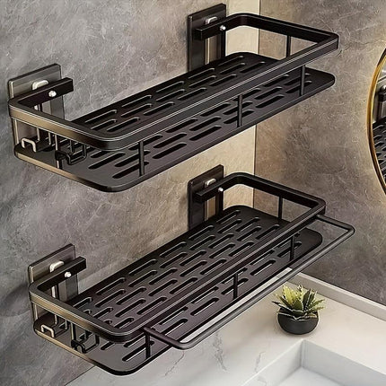 Black Wall-Mounted Storage Shelf - Heavy-Duty Plastic, No-Drill Adhesive Installation, Space-Saving Bathroom and Kitchen Organizer.