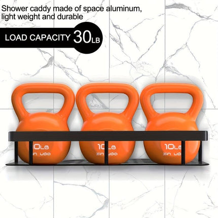 Black Wall-Mounted Storage Shelf - Heavy-Duty Plastic, No-Drill Adhesive Installation, Space-Saving Bathroom and Kitchen Organizer.