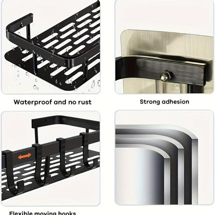 Black Wall-Mounted Storage Shelf - Heavy-Duty Plastic, No-Drill Adhesive Installation, Space-Saving Bathroom and Kitchen Organizer.