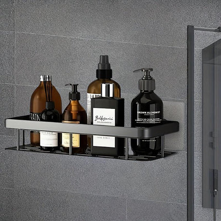 Black Wall-Mounted Storage Shelf - Heavy-Duty Plastic, No-Drill Adhesive Installation, Space-Saving Bathroom and Kitchen Organizer.