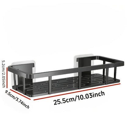Black Wall-Mounted Storage Shelf - Heavy-Duty Plastic, No-Drill Adhesive Installation, Space-Saving Bathroom and Kitchen Organizer.