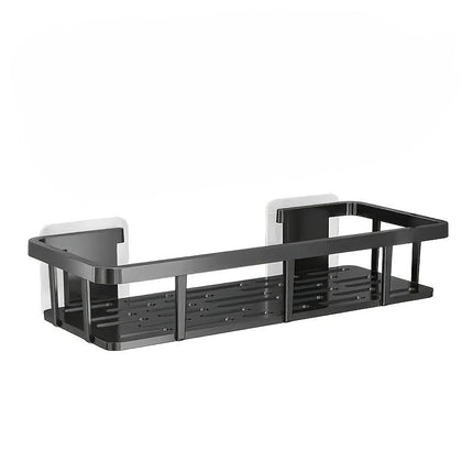 Black Wall-Mounted Storage Shelf - Heavy-Duty Plastic, No-Drill Adhesive Installation, Space-Saving Bathroom and Kitchen Organizer.