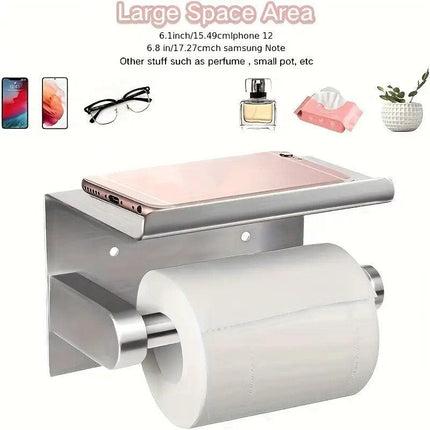 1pc Toilet Paper Holder with Shelf, Bathroom Tissue Storage Rack, Wall-Mounted Paper Towel Dispenser, Stainless Steel Bathroom Paper Holder, Bathroom Accessory(Black).
