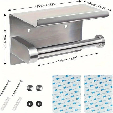 1pc Toilet Paper Holder with Shelf, Bathroom Tissue Storage Rack, Wall-Mounted Paper Towel Dispenser, Stainless Steel Bathroom Paper Holder, Bathroom Accessory(Black).