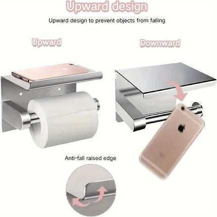 1pc Toilet Paper Holder with Shelf, Bathroom Tissue Storage Rack, Wall-Mounted Paper Towel Dispenser, Stainless Steel Bathroom Paper Holder, Bathroom Accessory(Black).