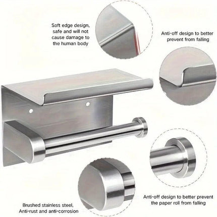 1pc Toilet Paper Holder with Shelf, Bathroom Tissue Storage Rack, Wall-Mounted Paper Towel Dispenser, Stainless Steel Bathroom Paper Holder, Bathroom Accessory(Black).