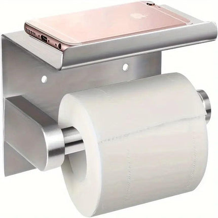 (True color)  1pc Toilet Paper Holder with Shelf, Bathroom Tissue Storage Rack, Wall-Mounted Paper Towel Dispenser, Stainless Steel Bathroom Paper Holder, Bathroom Accessory.