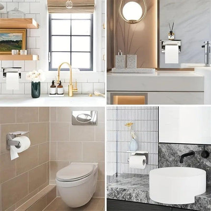 (True color)  1pc Toilet Paper Holder with Shelf, Bathroom Tissue Storage Rack, Wall-Mounted Paper Towel Dispenser, Stainless Steel Bathroom Paper Holder, Bathroom Accessory.