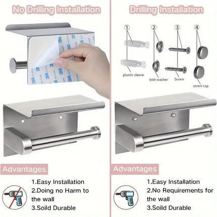 (True color)  1pc Toilet Paper Holder with Shelf, Bathroom Tissue Storage Rack, Wall-Mounted Paper Towel Dispenser, Stainless Steel Bathroom Paper Holder, Bathroom Accessory.