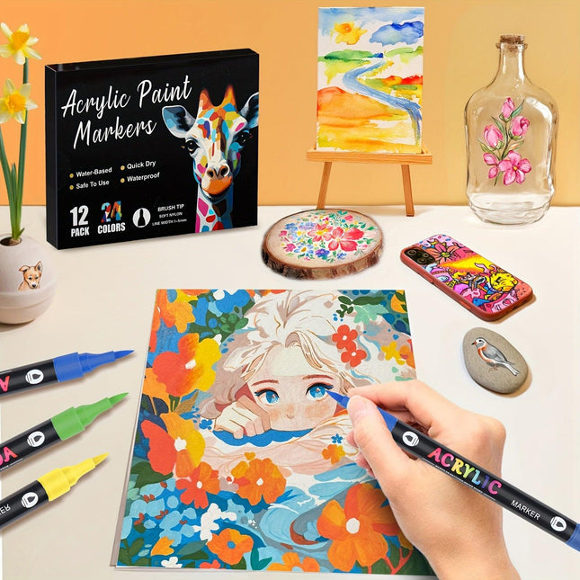 24-Pack Dual-Tip Acrylic Paint Markers, 48 Colors   Double brush tips, dual-color acrylic paint pens   Suitable for use on various surfaces by adults:   stone, wood, rock, canvas, plastic, glass, ceramic, and more..