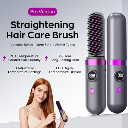 New Portable Hair Straightening Comb, USB rechargeable, 4000mAh battery, includes charging dock. Intelligent digital temperature control, dual use for straightening and curling, long-lasting hold without damaging hair(GREY).