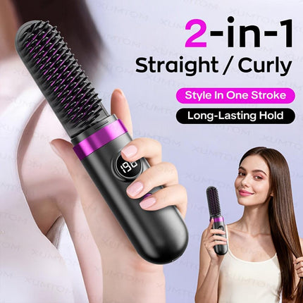 New Portable Hair Straightening Comb, USB rechargeable, 4000mAh battery, includes charging dock. Intelligent digital temperature control, dual use for straightening and curling, long-lasting hold without damaging hair(GREY).