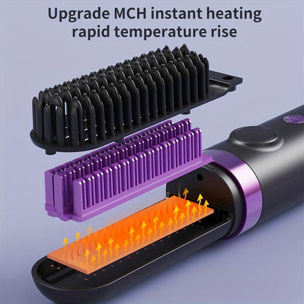 New Portable Hair Straightening Comb, USB rechargeable, 4000mAh battery, includes charging dock. Intelligent digital temperature control, dual use for straightening and curling, long-lasting hold without damaging hair(GREY).