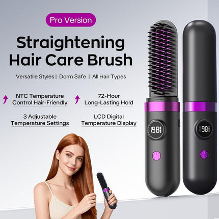 New Portable Hair Straightening Comb, USB rechargeable, 4000mAh battery, includes charging dock. Intelligent digital temperature control, dual use for straightening and curling, long-lasting hold without damaging hair(GREY).