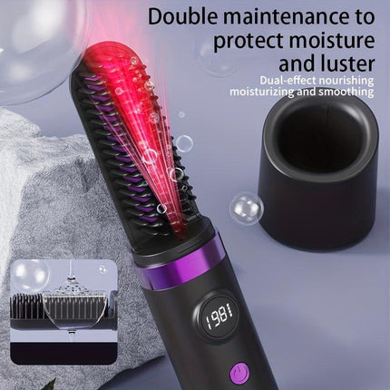 New Portable Hair Straightening Comb, USB rechargeable, 4000mAh battery, includes charging dock. Intelligent digital temperature control, dual use for straightening and curling, long-lasting hold without damaging hair(GREY).
