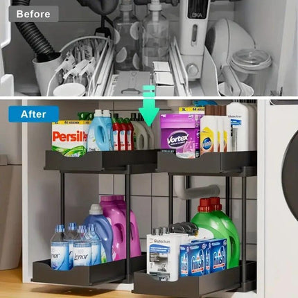 Two-tier pull-out storage rack. An organizational lifesaver for under the kitchen sink. Features adjustable shelves for easy storage of bottles and jars. In a sleek, modern design. Perfect as a kitchen shelf, bathroom organizer, or household storage solut.