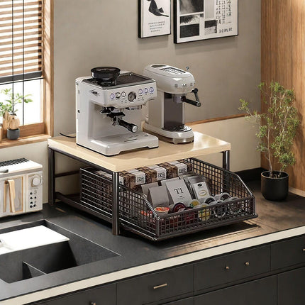 Modern Kitchen Microwave Shelf with Drawer: Sturdy and solid structure, designed to save counter space for storing appliances, utensils, dishes, and household items. Minimalist design suitable for 1000+ scenarios, BLACK.