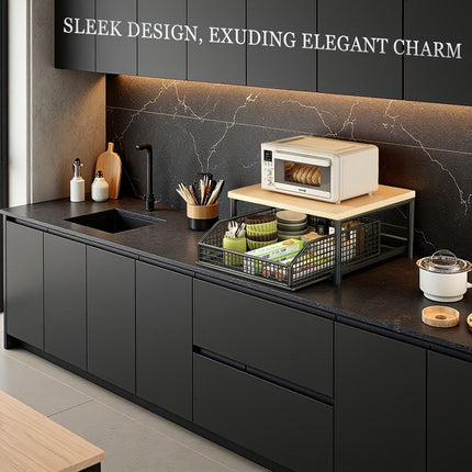 Modern Kitchen Microwave Shelf with Drawer: Sturdy and solid structure, designed to save counter space for storing appliances, utensils, dishes, and household items. Minimalist design suitable for 1000+ scenarios, BLACK.
