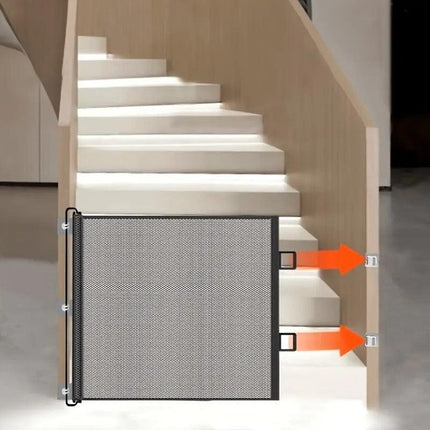 Expandable Pet Fence, made of PVC mesh material, easy to install, suitable for small dogs, cats, and various pets. No-drilling design effectively prevents pets from escaping, making it an ideal choice for stairs, corridors, and doorways.  （WHITE）.