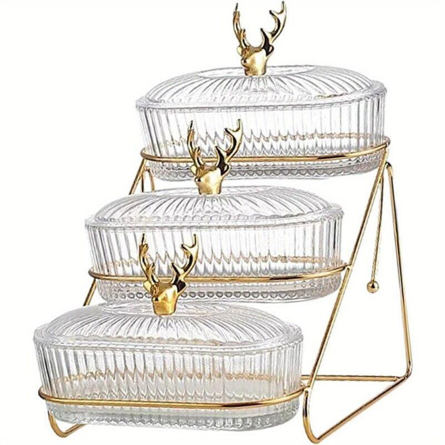 Fashion Three-Tier Covered Snack and Fruit Tray - Sturdy Metal Frame, Nordic Design, Suitable for Kitchen, Living Room, and Parties | Perfect for Holding Dried Fruits, Candies, Nuts | Easy to Clean, Versatile Appetizer Plate, Ideal for Serving and Hosting.
