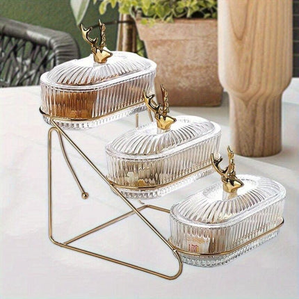 Fashion Three-Tier Covered Snack and Fruit Tray - Sturdy Metal Frame, Nordic Design, Suitable for Kitchen, Living Room, and Parties | Perfect for Holding Dried Fruits, Candies, Nuts | Easy to Clean, Versatile Appetizer Plate, Ideal for Serving and Hosting.