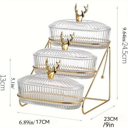 Fashion Three-Tier Covered Snack and Fruit Tray - Sturdy Metal Frame, Nordic Design, Suitable for Kitchen, Living Room, and Parties | Perfect for Holding Dried Fruits, Candies, Nuts | Easy to Clean, Versatile Appetizer Plate, Ideal for Serving and Hosting.