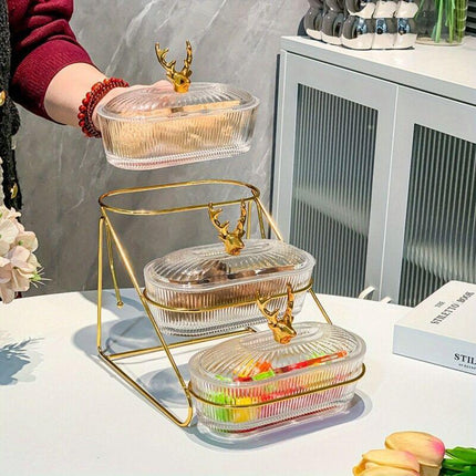 Fashion Three-Tier Covered Snack and Fruit Tray - Sturdy Metal Frame, Nordic Design, Suitable for Kitchen, Living Room, and Parties | Perfect for Holding Dried Fruits, Candies, Nuts | Easy to Clean, Versatile Appetizer Plate, Ideal for Serving and Hosting.