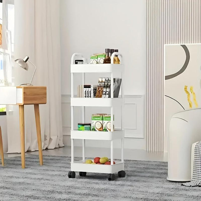 Four-Tier Rolling Cosmetics Storage Rack - Made of durable plastic, equipped with 360-degree swivel casters, strong load-bearing capacity - Suitable for bathroom, bedroom, kitchen, and home storage | White.