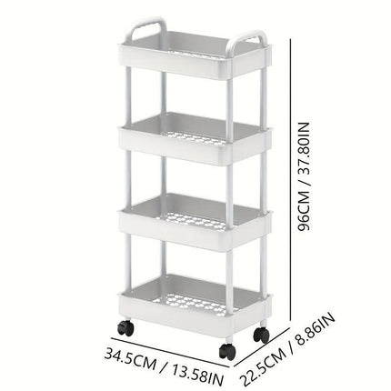 Four-Tier Rolling Cosmetics Storage Rack - Made of durable plastic, equipped with 360-degree swivel casters, strong load-bearing capacity - Suitable for bathroom, bedroom, kitchen, and home storage | White.