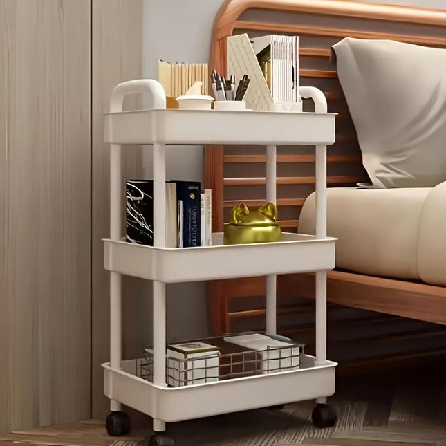 Three-Tier Rolling Cosmetics Storage Rack - Made of durable plastic, equipped with 360-degree swivel casters, strong load-bearing capacity - Suitable for bathroom, bedroom, kitchen, and home storage | White.