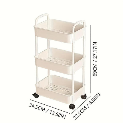 Three-Tier Rolling Cosmetics Storage Rack - Made of durable plastic, equipped with 360-degree swivel casters, strong load-bearing capacity - Suitable for bathroom, bedroom, kitchen, and home storage | White.