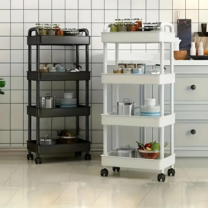 Three-Tier Rolling Cosmetics Storage Rack - Made of durable plastic, equipped with 360-degree swivel casters, strong load-bearing capacity - Suitable for bathroom, bedroom, kitchen, and home storage | White.